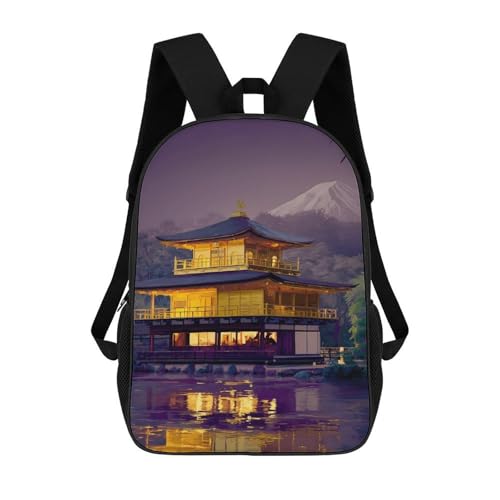 Japanese Temple at Twilight with Mount Fuji Classic 17 Inch Backpack Travel Daypack Casual Shoulder Bag with Adjustable Strap for Men Women