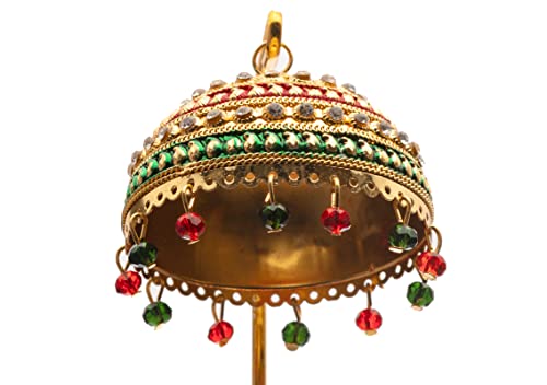 Image of Metal Chhatra with Hanging Crystals - Decorative Umbrella for God Idols, Car Dashboard, Home Temple & Table Decor - Chatri Aasan for Murti (M99)