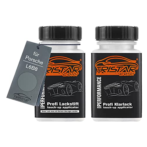 TRISTARcolor Vernice per auto Kit stilo di ritocco per Porsche L6B8 Grigio Titano Metallic Vernice di base vernice trasparente ognuno 50ml