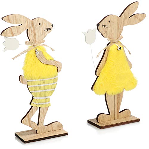 com-four® 2X Figura Decorativa con Soporte - Conejos de Pascua con Vestido y Flor - Decoración de Pascua de Madera para Colocar (Set04 - Conejos con Flor)