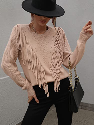 Image of Women's Casual Crewneck Fringe Tassels Crochet Long Sleeve Knitted Fall Sweater Pullover Tops