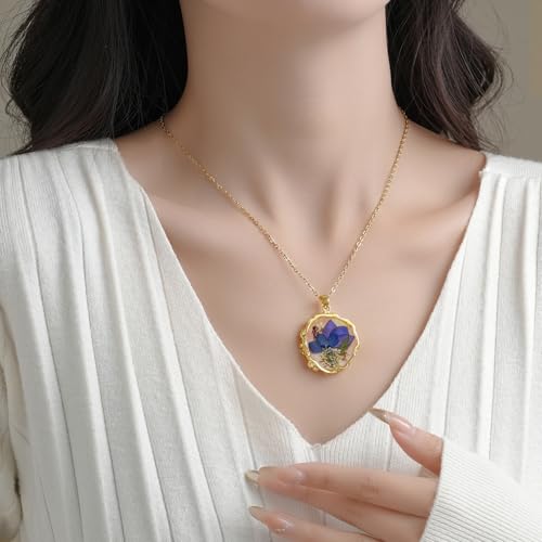 Birth Flower Necklaces for Women,August Month Lobelia Real Pressed Flower Necklace,Boho-Style Personalized Jewelry,Handmade Floral Pendant,Thoughtful Gift for Christmas,Birthday|18" (Gold)3
