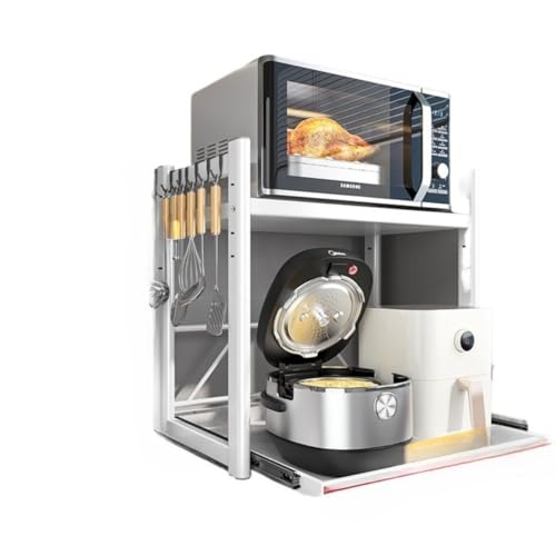 Fiozwea キッチン電子レンジラック(引き出し式、炊飯器、オーブン、エアフライヤー対応)、耐荷重50kg、高さ37〜55cm調節、フック6個付き、卓上トレイ、作業台、省スペース、組み立て済み。 (ホワイト(白色),39)