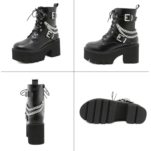 Platform Ankle Boots for Women Round Toe Side Zipper Goth Ankle Booties Chain Chunky Platform Combat Boots2