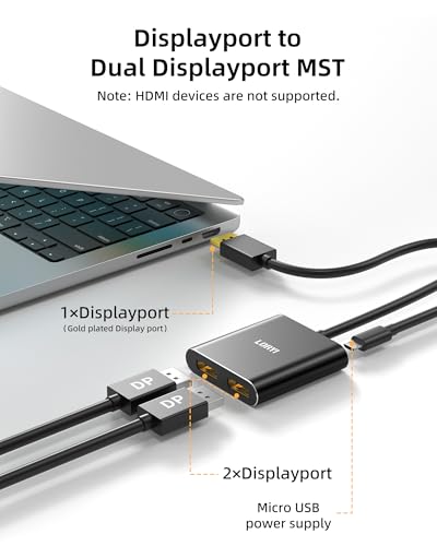 Loryi Displayport to Dual DisplayPort Splitter Adapter,4K60Hz MST Displayport hub 1 in 2 Out Display Port for Dual Monitors,DP1.4 Display Port Splitter for Desktop, Laptop,Extend Display - Thumbnail 2