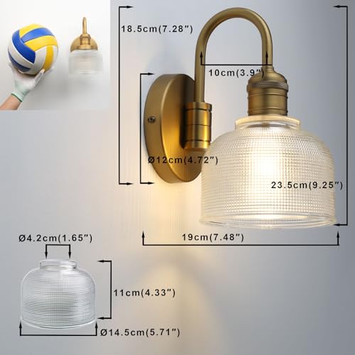Image of Yosoan Brass Gold Vintage Wall Sconce with Striped Shade, 1-Light Modern Vanity Light Industrial Single Wall Mounted Hardwired Bowl Texture Glass Shade for Living Room Bedroom Kitchen Hallway(Antique)