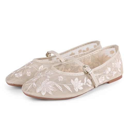 Image of MRKEWUNEY Mesh Ballet Flats for Women Embroidered Floral Round Toe Mary Jane