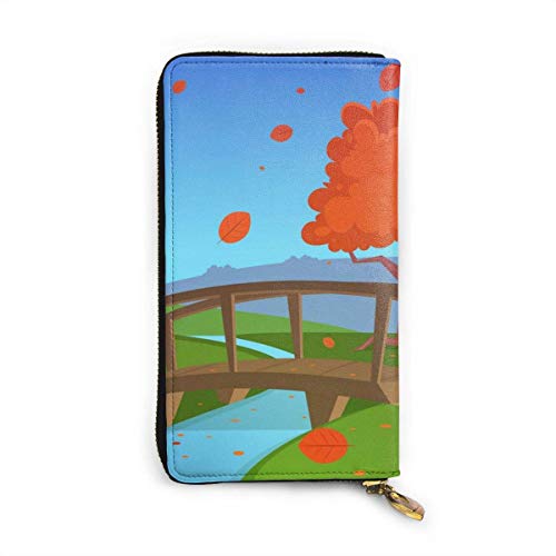 Preisvergleich Produktbild JHGFG Herbstlandschaft der Brücke fließendes Wasser Echtes Leder Geldbörse Lange Damen Geldbörse Handtasche Multi Kartenhalter Organizer Für Frauen Angepasst