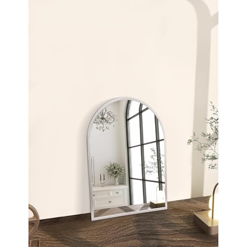 Image of Arched Wall Mirror, Silver Arch Brushed Metal Frame Bathroom Mirror, Arched Top Bathroom Vanity Mirrors for Living Room Bedroom Mantel Entryway Hallways Home Decor Aluminum Alloy Frame 16 inchx12 inch