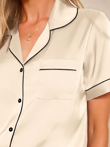 Image of LILLUSORY Silk Satin Pajama Set for Women Summer Two Piece Fall Lounge Pjs | Cozy Matching Sleepwear, Short Sleeve Button Down Shirt and Shorts, Soft Loungewear with Pocket, Cute Trendy Clothing