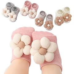 4 Pairs Flower Socks: Pink, Gray, Oatmeal, Cream