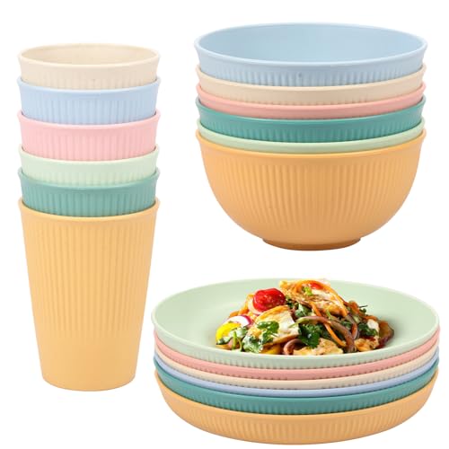 18Pcs Plastic Striped Camping Plates Bowls for Kids and Elderly, Reusable Stackable Picnic Cups Plates, Multipurpose Dishwasher Safe Dinnerware Set for Party Home(Mixed color)