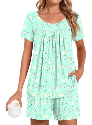 POPYOUNG Plus Size Womens Pajamas Sets 2 Pieces Lounge Sleepwear Ladies Pjs Sets with Pockets 2XL, Green Colorful Butterflies