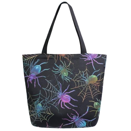 Rainbow Halloween Spiders in Web Extra Large Canvas Gym Shoulder Tote,Durable Reusable Daily Top Handle Bag for Mens Womens Yoga Weekender Picnic Beach Travel Market Shopping