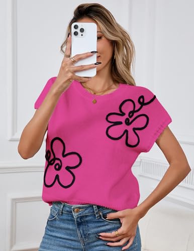 Image of Libsorge Womens Cute Flower Cap Sleeve Sweater Vest Spring 2025 Lightweight Ribbed Knit Crewneck Knit Top