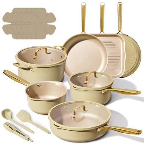 CAROTE 19Pcs Pots and Pans Set, Non Stick Induction Cookware Sets with Durable Cast Steel Handle, Oven-Safe Pots and Pans with Cooking Utensils, PFOS/PFOA Free, Dishwasher Safe, Aluminum