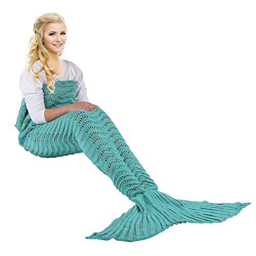 eCrazyBaby Hecho a Mano de Punto Manta de Cola de Sirena Todas Las Estaciones cálido sofá Cama Sala de Estar Manta para Niños y Adultos, Patrón de Onda, 180 x 90cm, Verde