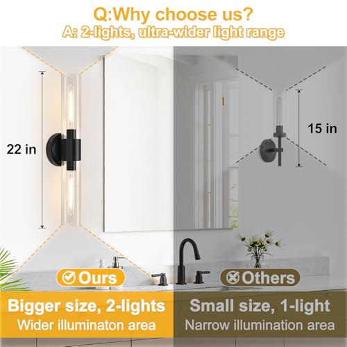 Image of Wall Sconces Set of Two,Matte Black Bathroom Sconces with Clear Glass, Hardwired Sconces Wall Decor Set of 2, Modern Wall Vanity Light Fixtures for Bathroom Mirror Bedroom Living Room Hallway