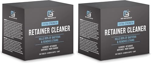 Retainer and Denture Cleansers 240 Tablets Removes Bad Odors Discoloration Stains Plaque for Cleaning Invisalign Mouth Guard Night Guard and Removable Dental Appliances by M3 Naturals (Pack of 2)