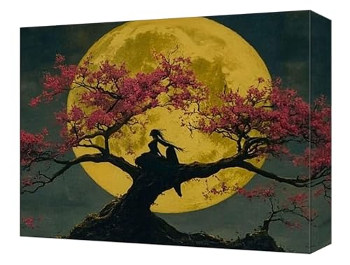 数字油絵 月 木 ペイントバイナンバーキット キャンバスに 初心者向け (フレームレス) 3本の絵筆付き 抗?帆布 DIY アクリル 子供 Paint by Numbers キット 大人用クラフト 簡単ペイント ?公室 ホームウォールデコレーション ギフト