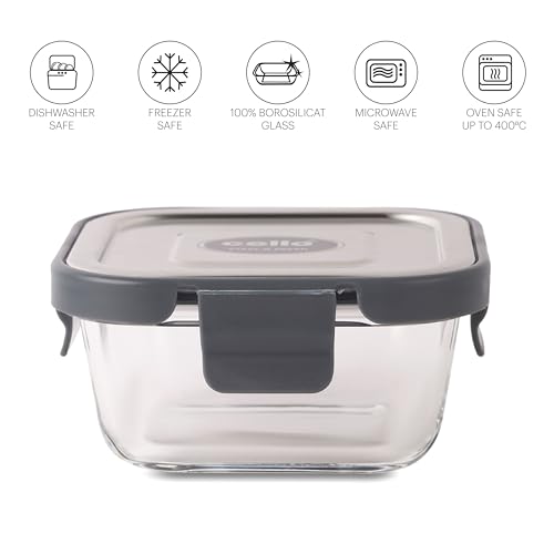 Image of CELLO Steel-O Fresh Square Toughened Glass Container 320ml, Grey | Multipurpose Storage | Microwave, Oven, Freezer & Dishwasher Safe | Leakproof Lid | Glass Container For Kitchen, Fridge & Office