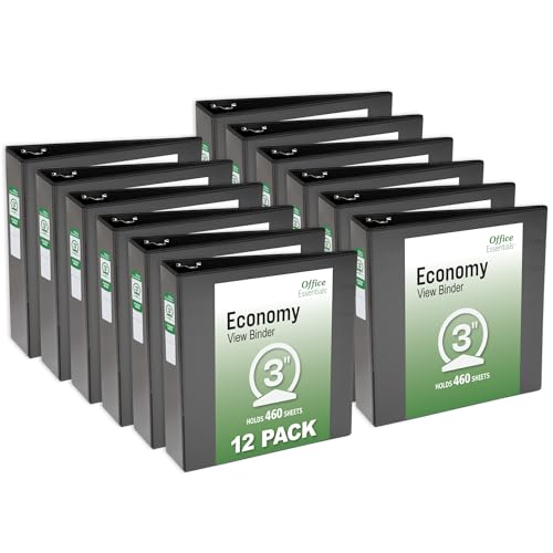 Office Essentials Economy View 3 Ring Binders 3 Round Rings 3.5 Spine 460-Sheet Capacity Black Binders (12-Pack of 03431)