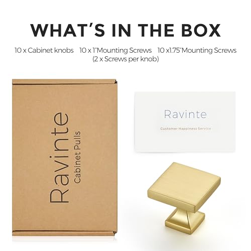 Image of Ravinte Cabinet Knobs Brushed Gold Square Knobs, Drawer Knobs, 10 Pack | Single Hole, Solid Metal, Easy Install, Screws Included, Rust-Resistant, For Cabinets, Drawers, Dressers