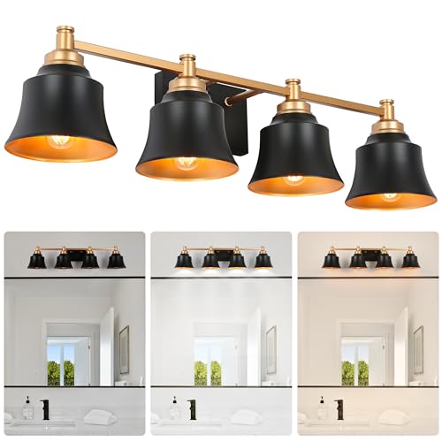 Image of KSANA Bathroom Light Fixtures, 4 Light Black and Gold Powder Room Wall Lights Over Mirror, 30 Inch Modern Farmhouse Metal Vanity Lights