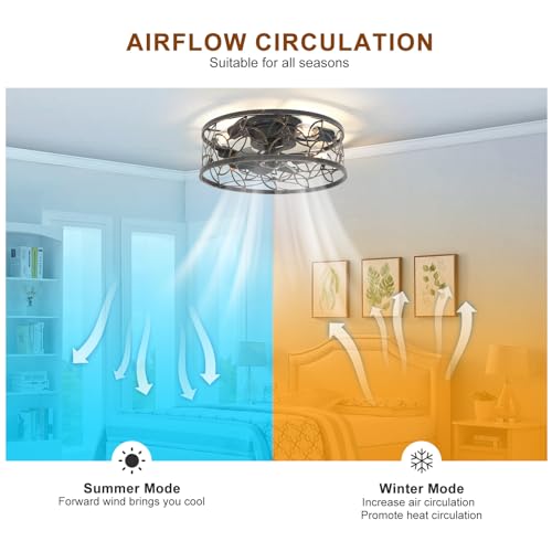 Image of Garwarm 18 inch Caged Ceiling Fan with Light, Bronze Fandelier with Remote | Farmhouse Ceiling Fan,Low Profile Flush Mount Fan Light, 6-Speed Reversible DC Motor for Small Bedroom, Kitchen, Dining Room