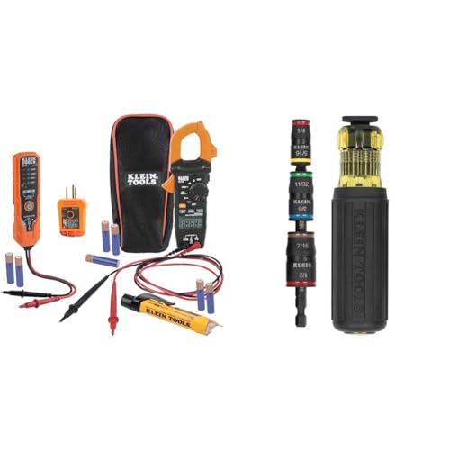Klein Tools CL120VP Electrical Voltage Test Kit with Clamp Meter & 32900 Impact Driver, 7-in-1 Impact Flip Socket Set with Handle, 6 Hex Driver Sizes Plus a 1/4-Inch Bit Holder