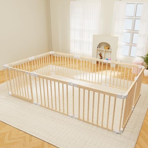 Baby Playpen, Foldable Wooden Play Yard with Gate, Playpen for Babies and Toddlers, Adjustable Baby...