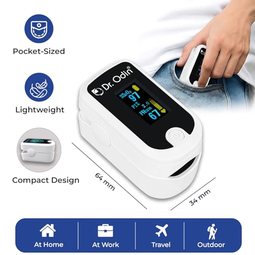 Image of Dr. Odin Pulse Oximeter Fingertip +PI FS20E, Oxygen & Pulse Rate Monitor, CE & ISO Certified, Audible & Visual Alarm, OLED Display (White & Black)