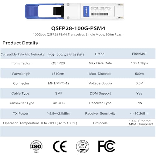 Image of 100G QSFP28 PSM4 Compatible for Palo Alto Networks PAN-100G-QSFP28-PIR4 100GBASE-PSM4 QSFP28 Optical Transceiver Module 1310nm 500m DOM MTP /MPO SMF