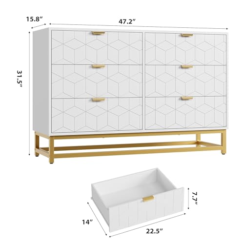 GAOMON White Dresser for Bedroom,Modern 6 Drawer Double Dresser with Gold Handles,Long Storage Organizer for TV Stand & Closet,Large Chest of Drawers for Living Room,Hallway,Entryway