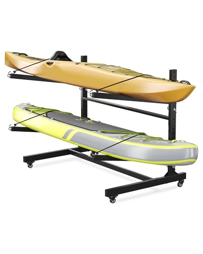GarveeLife Kayak Storage Rack for 2-6 Kayaks Freestanding Kayak Rack for Outdoor Storage with Movable Wheels, Heavy-Duty Steel Kayak Hanger Holder with Hanging Straps (2 Kayaks,Freestanding)