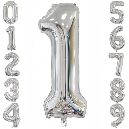 Silver 1 Balloon,40 Inch Number 1 Balloon,1st Birthday Balloon Decorations Helium Silver 1 Balloon Number for Birthday Party Decorations