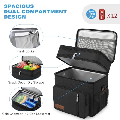 Image of MIYCOO Lunch Bag & Lunch Box for Men Women, Double Deck Leakproof Insulated Soft Large Adult Camping Cooler bag for Work, Beach, Picnic, Travel (Black, 15L)