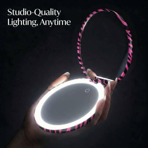 Image of Fancii Taylor LED Lighted Travel Makeup Mirror, Rechargeable, 10x /1x Magnifying, Tru-Glow Lighting System, XL Large 5 inch Wide | Compact Mirror for Purses (Hot Pink Safari)
