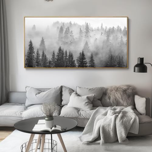 Image of vgrozirh Framed Ready to Hang Wall Art Foggy Forest Black and White Wall Art Nature Landscape Mountain Photographic Printed on Canvas for Bedroom Living Room Office Home Decor 30 inchx60 inch