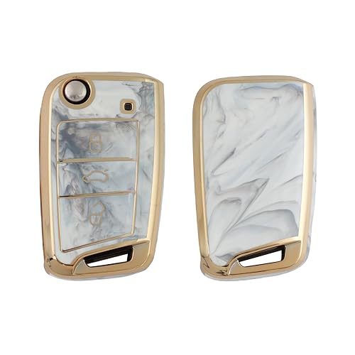 Image of Keyzone TPU car Key Cover Compatible for Skoda Slavia, Kodiaq, Kushaq, Karoq, Octavia 3 Button flip Key (Marble)