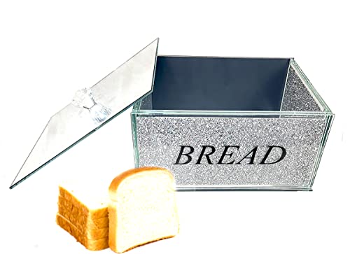 ProTech XXL Crushed Diamond Crystal filled Mirrored Bread Bin Storage Kitchen Container, Sparkly Glitter, Bread Box with Handle Lid for Countertop, Silver Colour, Stylish and Attractive design