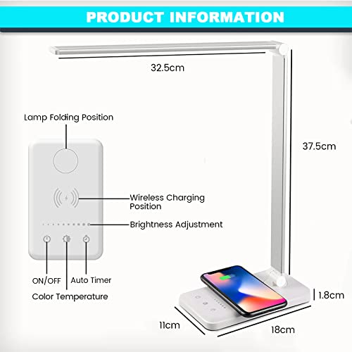Jostic Led Desk Lamp With Wireless Charger, Usb Charging Port, Desk Lighting With 10 Brightness, 5 Color Modes, Dimmable Eye Caring Reading Desk Lamps For Home Office, Touch Control, Auto Timer, White #TOP7