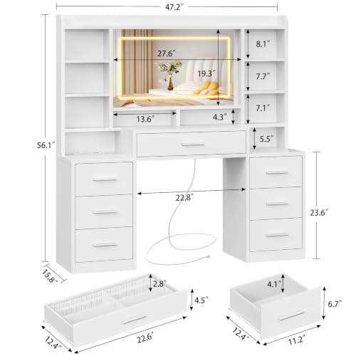 Image of FIONESO Large Vanity Desk with Mirror and Lights, 3-Color LED, Makeup Vanity with 7 Drawers, 6 Open Storage Shelves and Power Outlet, White Vanity for Girls, for Bedroom