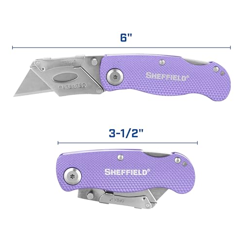 Image of Sheffield Lock Back Utility Knife 3 Pack with 10 Utility Knife Blades | Box Cutter with Aluminum Texture Grip Handle, Features Pocket Clip, Patented Quick Change Utility Blade Mechanism