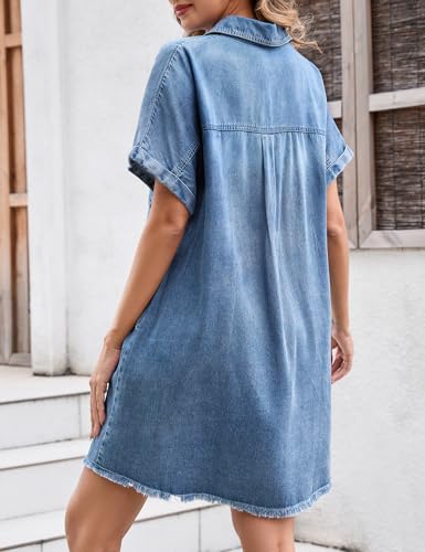 Summer Denim Dress for Women Short Sleeve Button Down Casual Western Jean Dresses4
