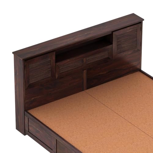 Image of Ganpati Arts Maharaja Groove Solid Sheesham Wood Queen Size Bed with Box & Headboard Storage | Wooden Double Bed Cot Palang for Bedroom, Living Room & Home (Walnut Finish)