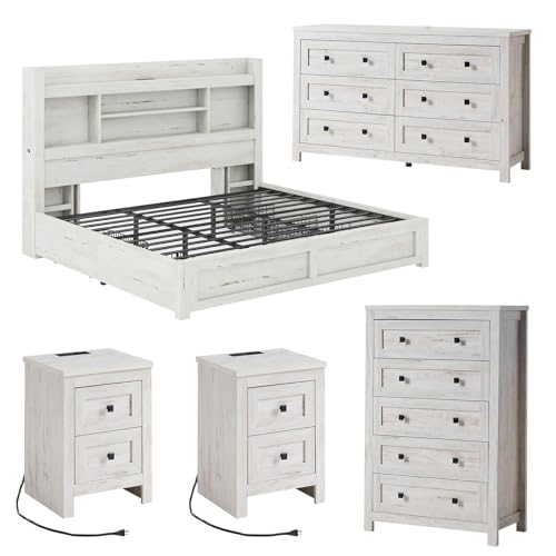 LUXOAK 5-Piece Farmhouse King Bedroom Furniture Set, LED Storage Bed Frame with Bookcase Headboard & Charging Station, 6-Drawer Dresser, 5-Drawer Tall Chest, Set of 2 Nightstands, Distressed White