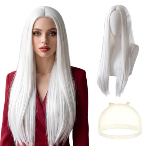 Image of 28Inch/70cm Long Straight Wig Centre Parted Long Straight Fashion Wig For Daily Wear Halloween Parties And Costumes (White)