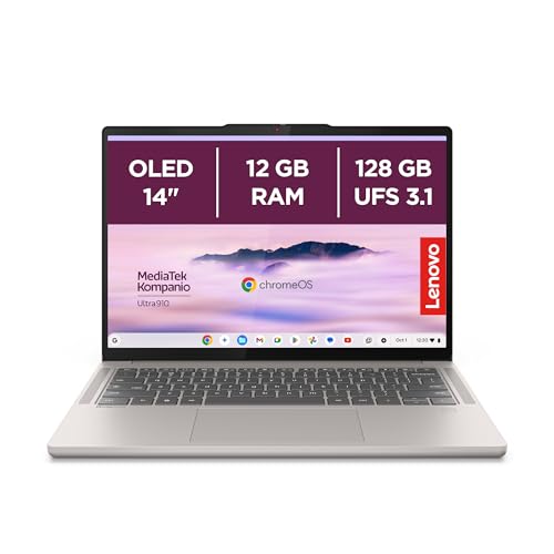 Lenovo Chromebook Plus Gen 10 - Ordenador Portátil 14'' WUXGA OLED (MediaTek Kompanio Ultra 910, 12GB RAM, 128GB UFS, ChromeOS)-Seashell + 1 año de Google AI Pro con Gemini Pro y 2TB de Almacenamiento