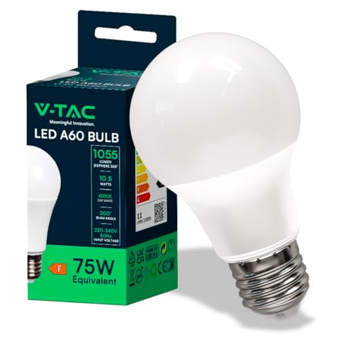 V-TAC Lampadina LED A60 con Attacco E27 potenza 10.5W (Equivalenti a 75W) - Lampadina di Nuova Generazione - 1055 Lumen - Massima Efficienza e Risparmio Energetico - 6500K Luce Bianca Fredda